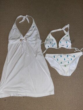 Ralph Lauren White Bikini Top & Bottom with matching terricloth dress / coverup